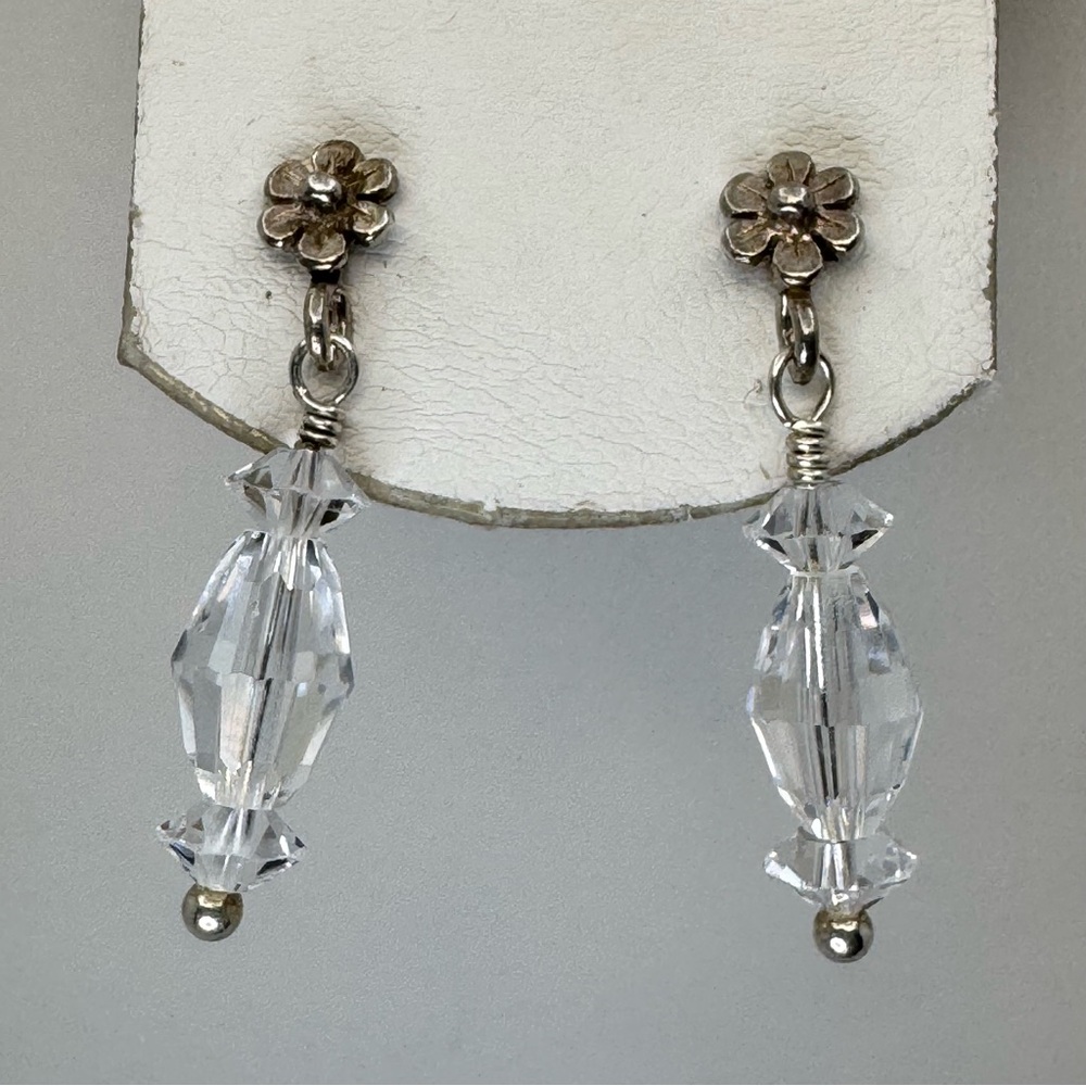 Vintage 925 Sterling Silver Crystal Dangle Earrings Floral Post